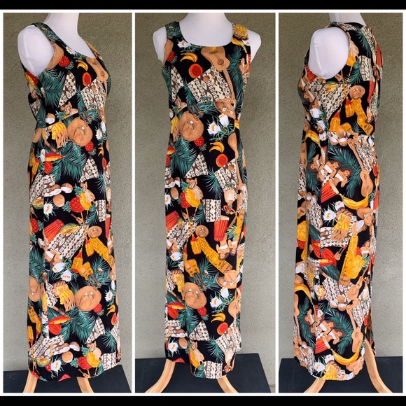 🌺 80s Hawaiian Rayon Dress Hula Tapa Ukulele Tiki - Picture 3 of 12